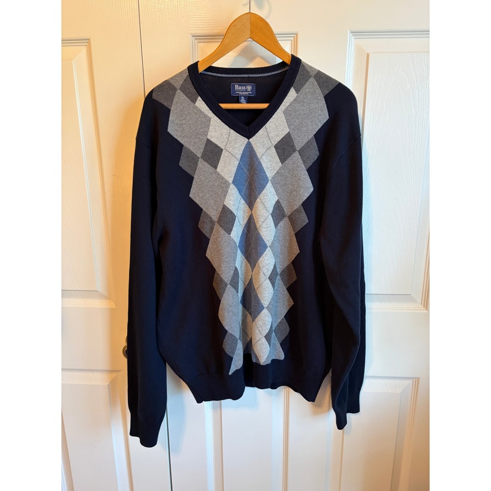 Bass GH Bass Mens XL Navy Blue Argyle V-Neck Cotton Knit Long Sleeve Sweater